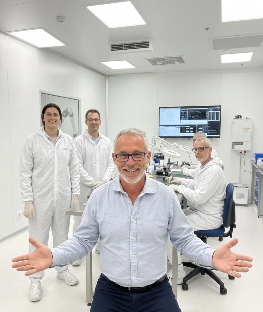 Emmanuel Klein et l'équipe technique SOS-DISQUE en salle blanche